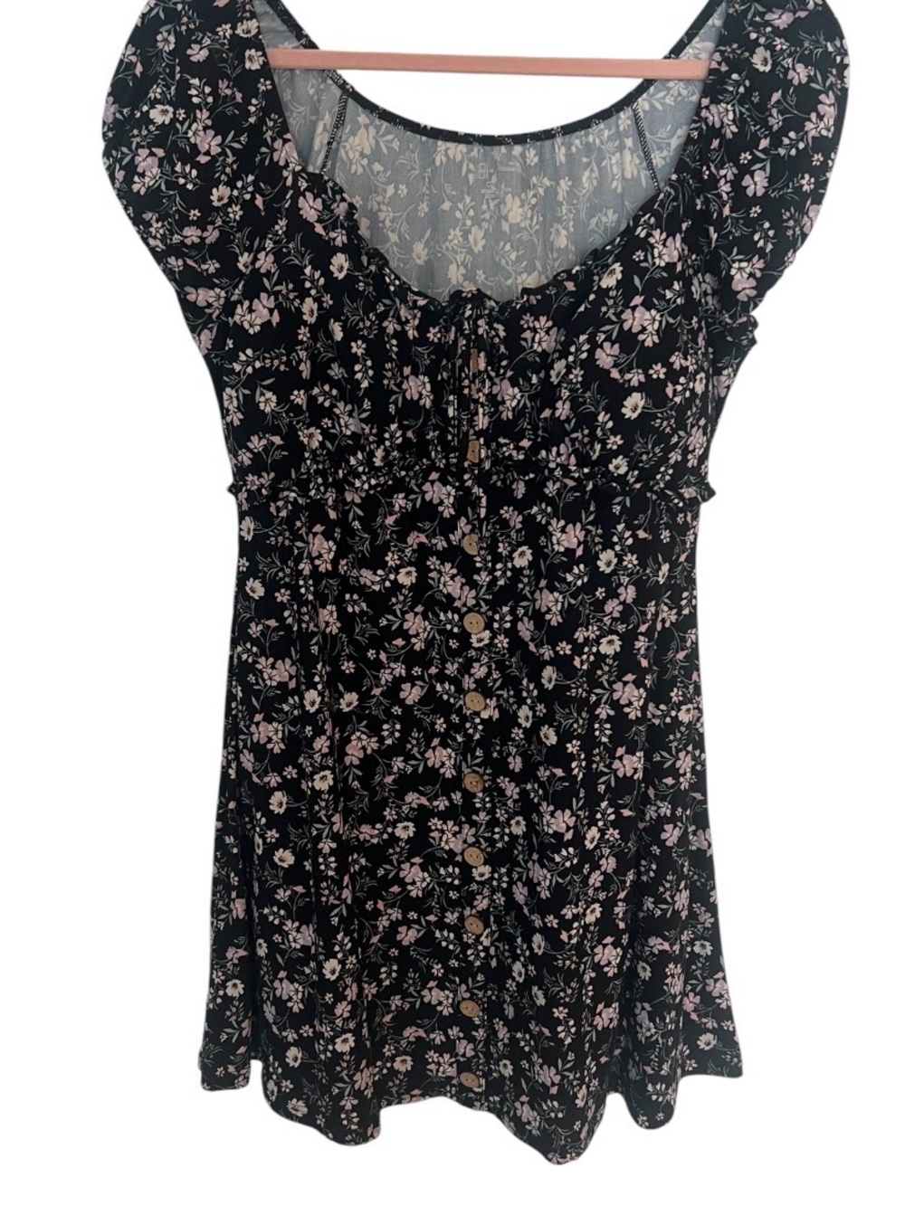Floral Button-Front Women’s Dress in Black with Pink Flowers